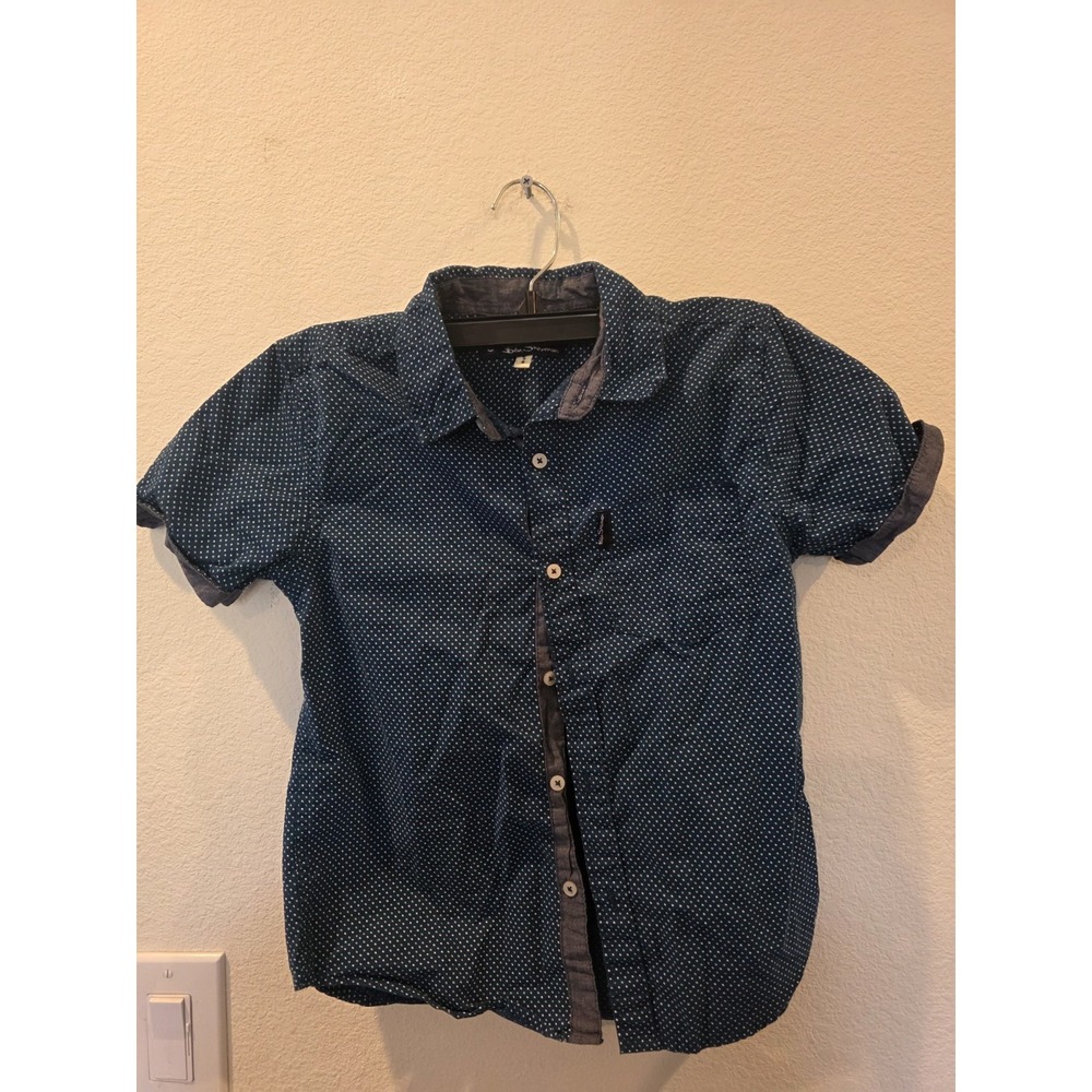 Ben Sherman Button Up Shirt Boys Youth Sz S 8 Blue Cotton Micro Polka Dot Preppy